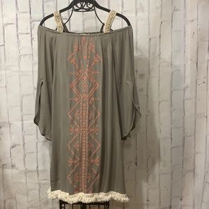 Kori America Gauzy Sheath Dress Bohemian Tribal Embroidery Fringed Off-Shoulder